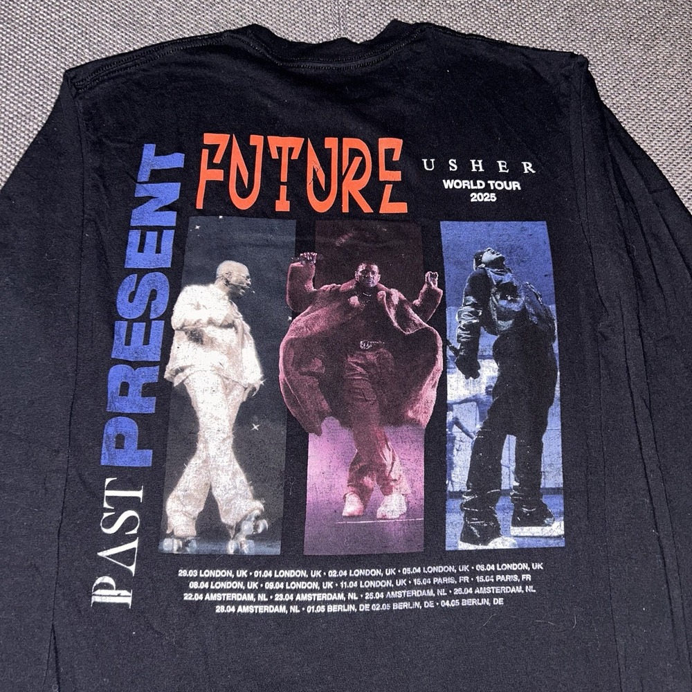 Usher Past Present Future 2025 World Tour Black Long Sleeve T Shirt Mens Medium